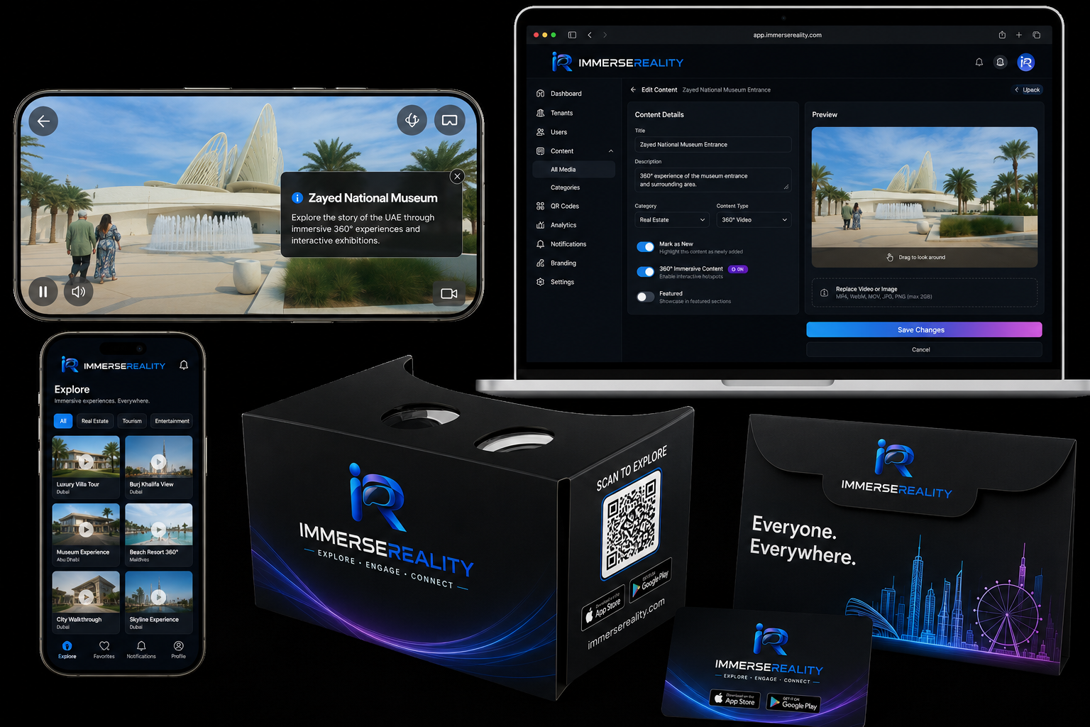 ImmerseReality branded app: a 360° tour with an interactive hotspot on phone, the content library, the back-office editor on laptop and a branded Cardboard viewer.