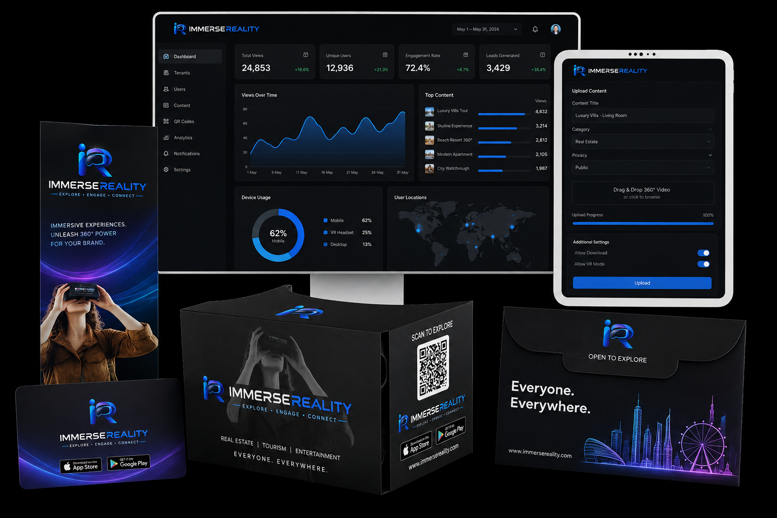 ImmerseReality ecosystem: analytics dashboard on desktop, content upload on tablet, branded Cardboard viewer, app card and printed sleeve.