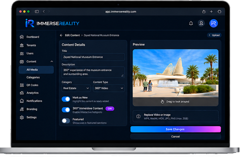 Back-office content editor on a laptop: content details form with title, description, category and 360° toggles beside a live 360° preview of a museum entrance.
